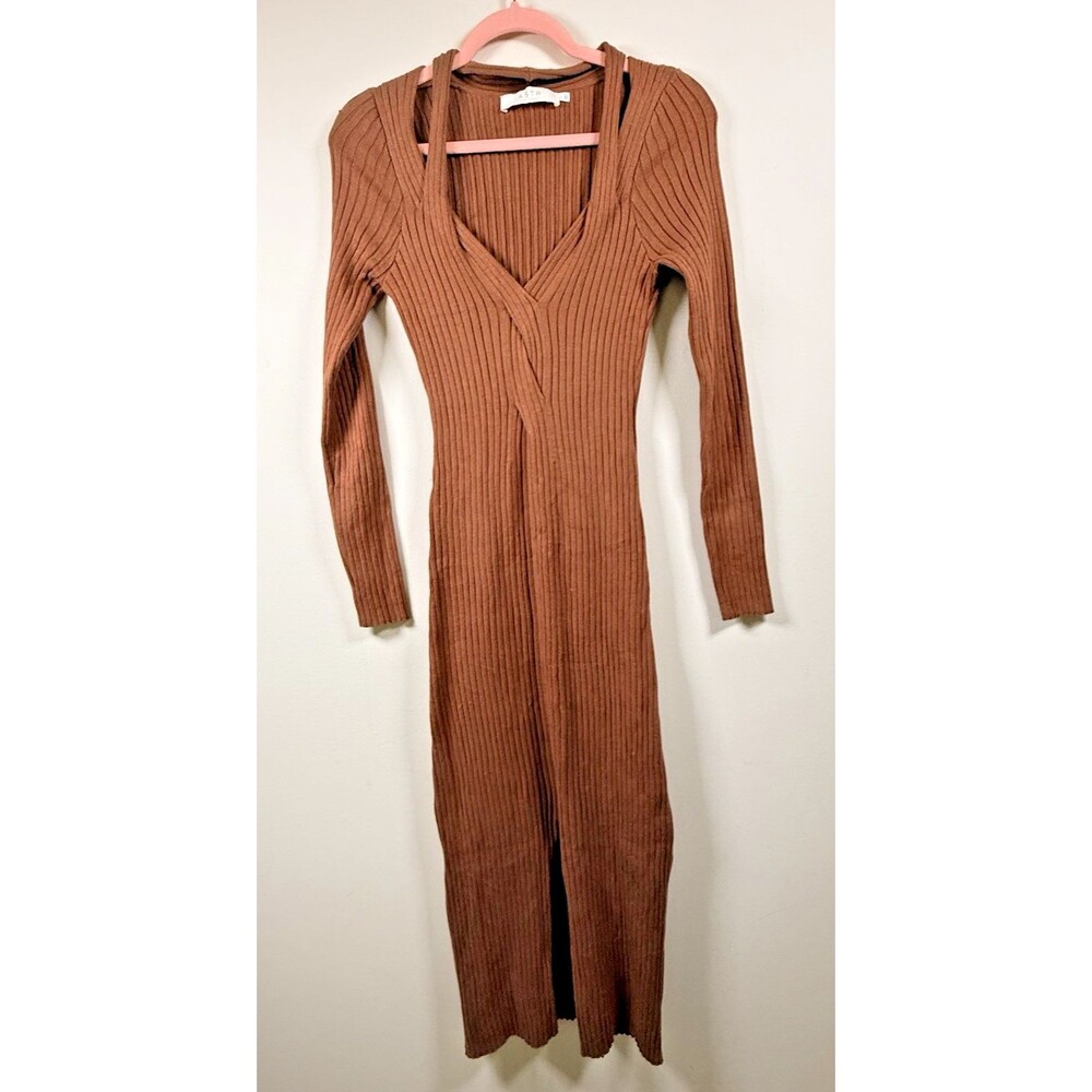 ASTR the Label Ribbed Knit V-Neck Long Sleeve Jumpsuit Dusty Rose Large